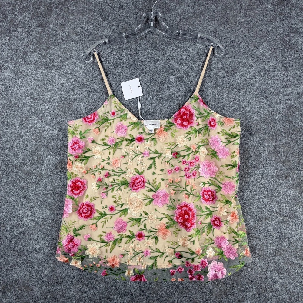 NWT Lavender Brown Iris Cami Top Womens L Pink Peach Floral Spaghetti Strap